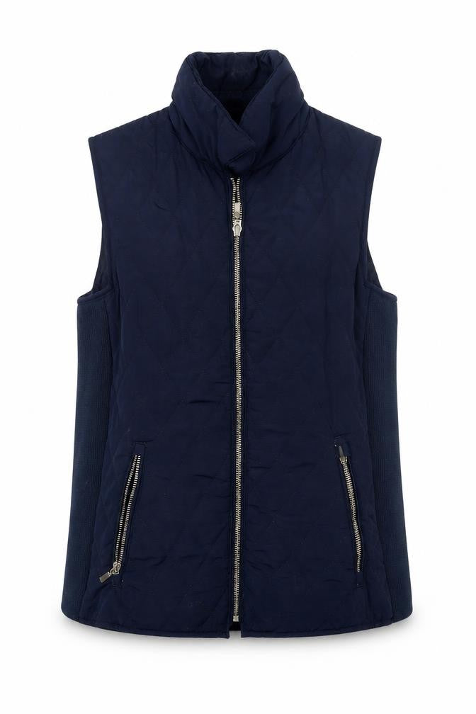 Front view of EWM women’s blue gilet coat, size S