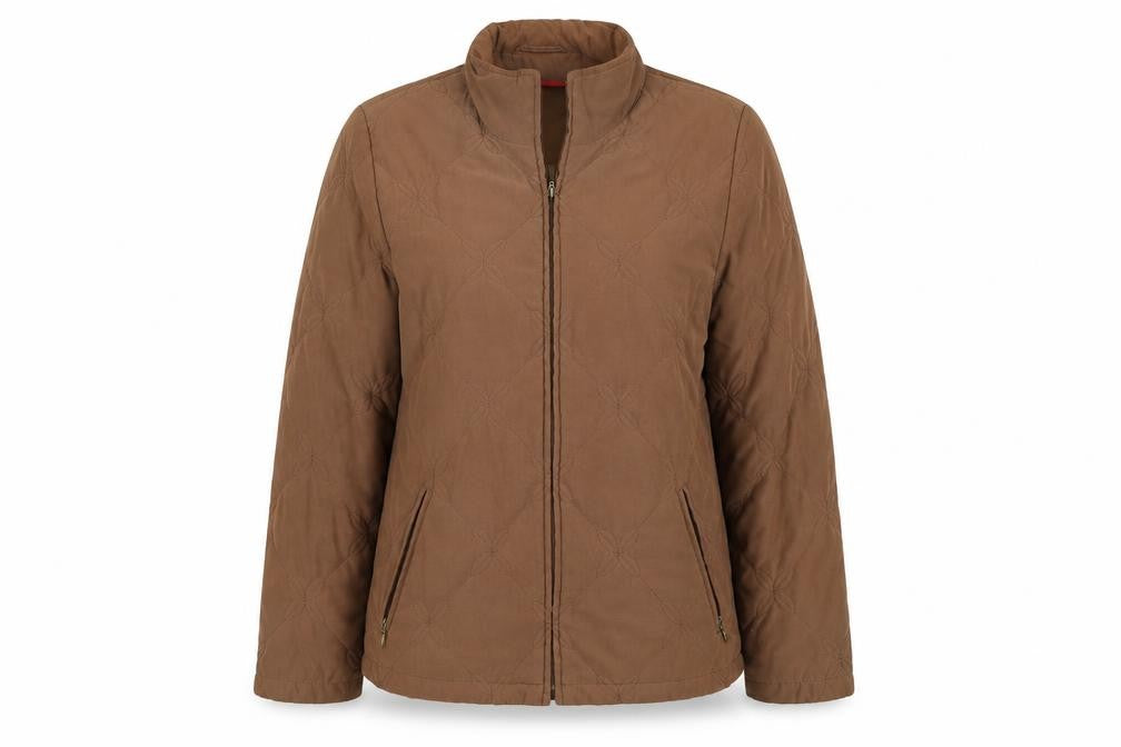 Front view of Preworn women’s brown quilted coat, size UK 14