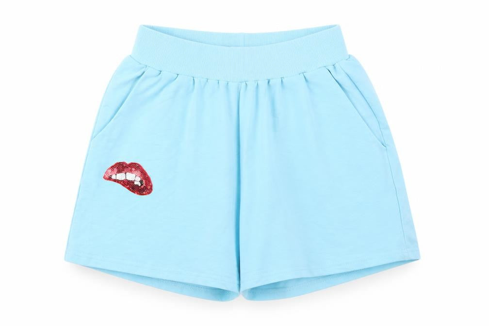 Front view of flamode women’s blue geometric cut-off shorts, size S