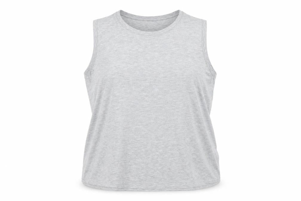 Front view of the relaxed women’s grey basic tank, size UK 18