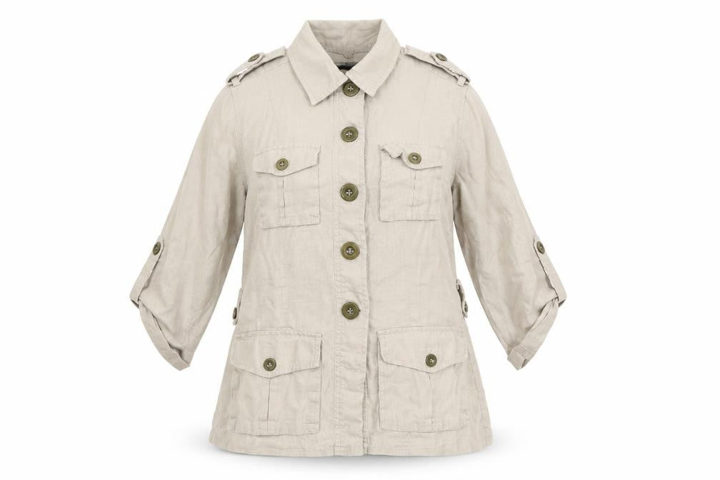 Front view of Atmosphere women’s beige jacket coat, size UK 10