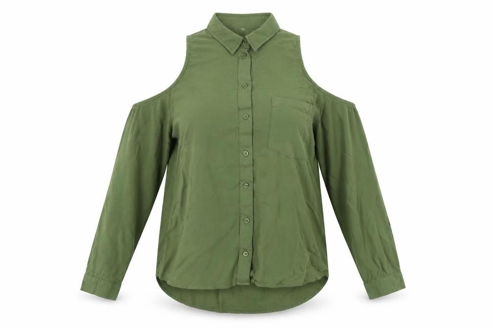 Front view of H&M women’s green basic blouse, size UK 6