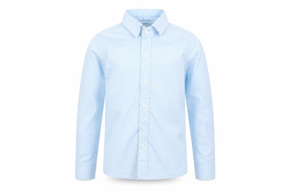 Front view of NAME IT boys’ blue striped basic button-up, size 5-6, years