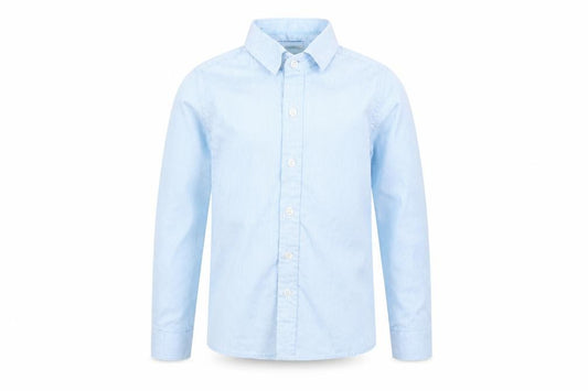 Front view of NAME IT boys’ blue striped basic button-up, size 5-6, years