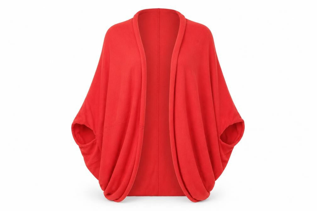 Front view of lara knit women’s red cardigan jumper, size M