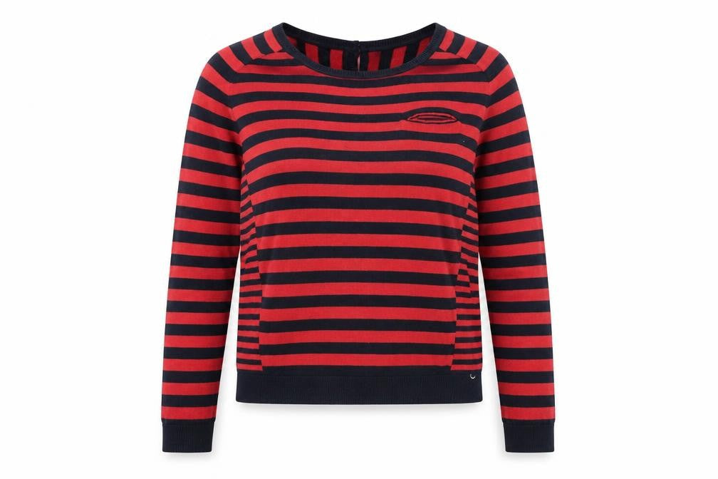 Front view of lazy in women’s red striped basic t-shirt, size UK 6