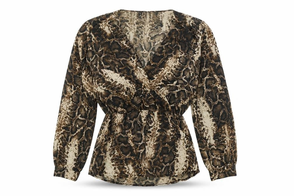 Front view of Boohoo women’s brown animal print basic blouse, size UK 6