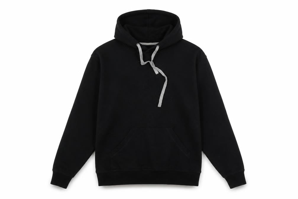 Front view of Spreadshirt men’s black pullover hoodie, size S