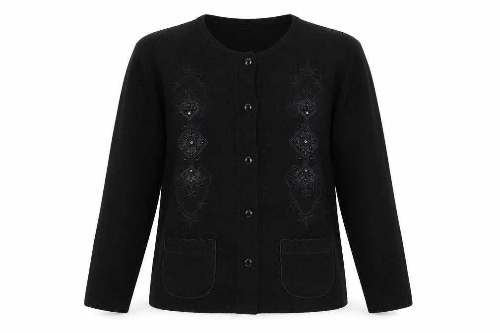 Front view of paramour women’s black cardigan jumper, size M
