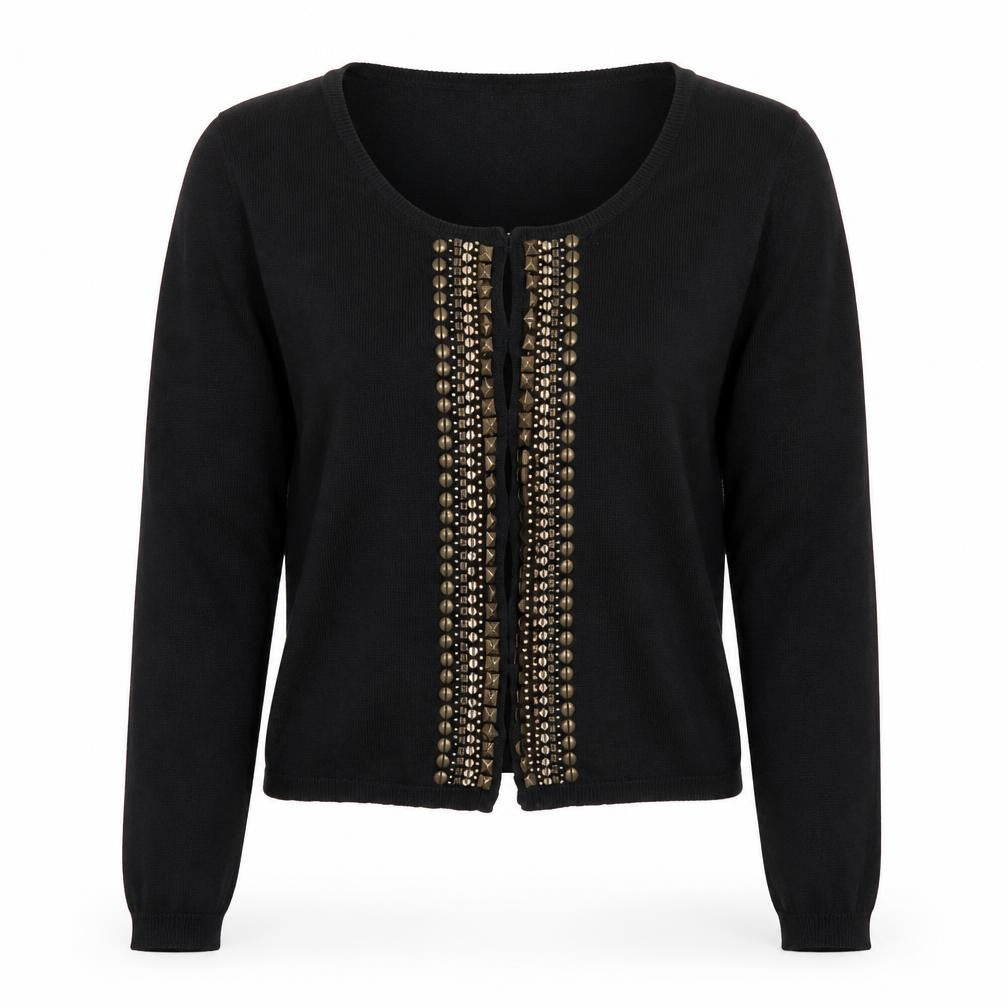 Front view of La Redoute women’s black cardigan jumper, size UK 14