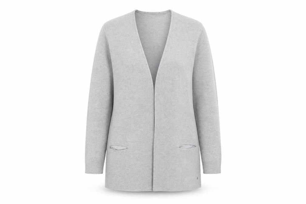 Front view of Preworn women’s grey cardigan jumper, size UK 14