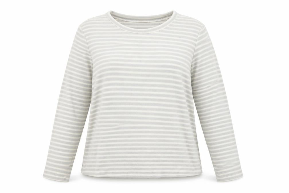 Front view of luxe leisure women’s grey striped pyjama top, size M
