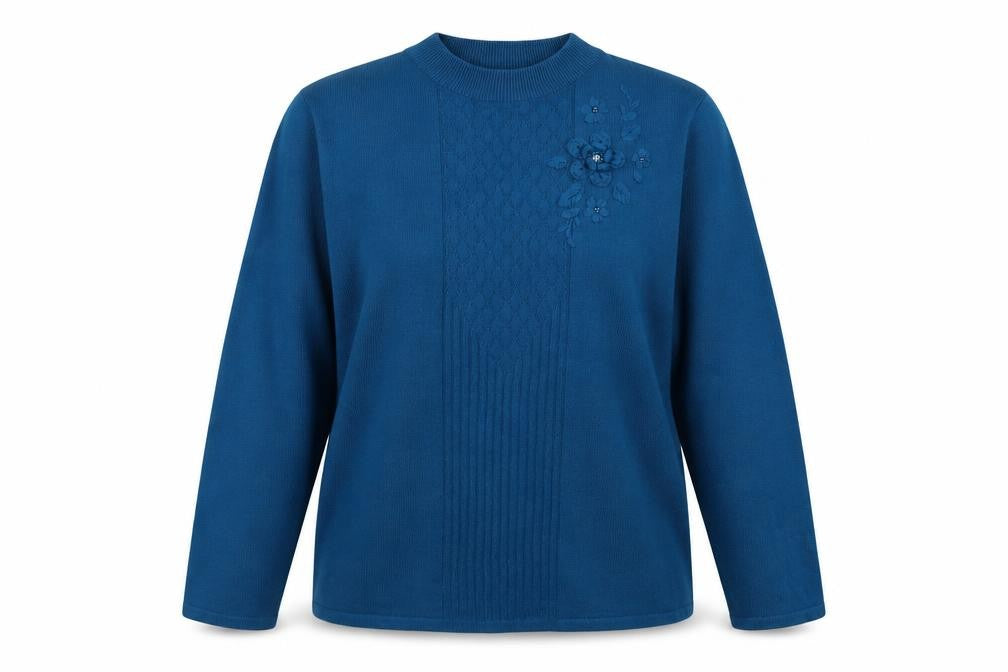 Front view of Casamia women’s blue knit pullover sweatshirt, size L