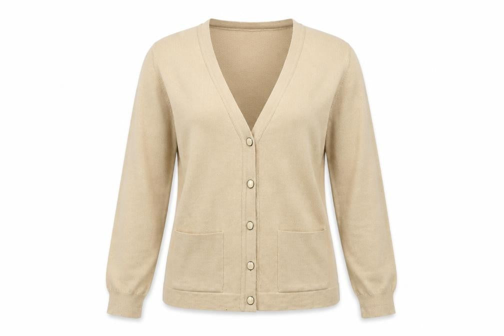 Front view of Preworn women’s beige cardigan jumper, size UK 36