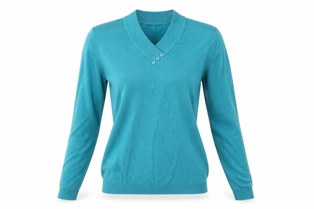 Front view of EWM women’s blue basic blouse, size S