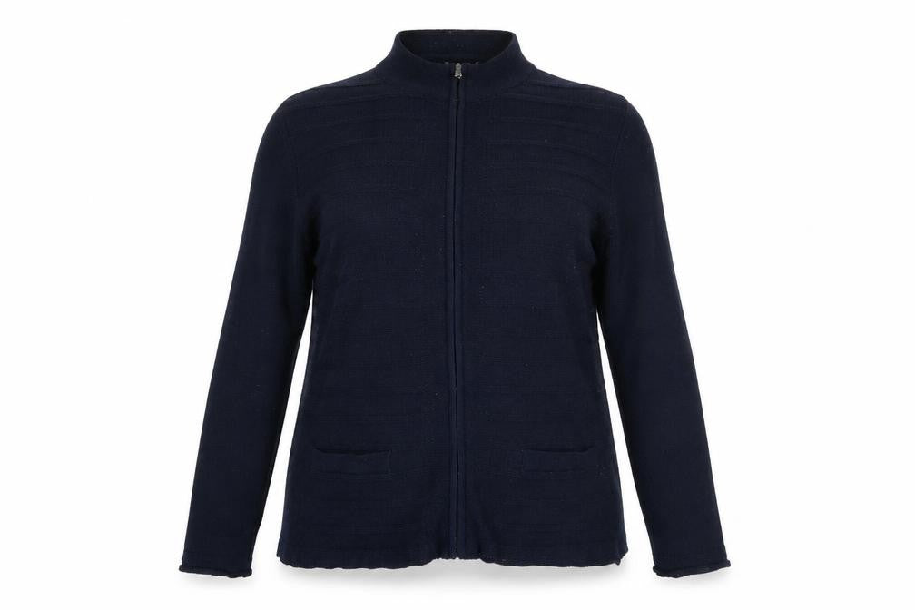 Front view of Papaya women’s blue full zip jumper, size UK 14