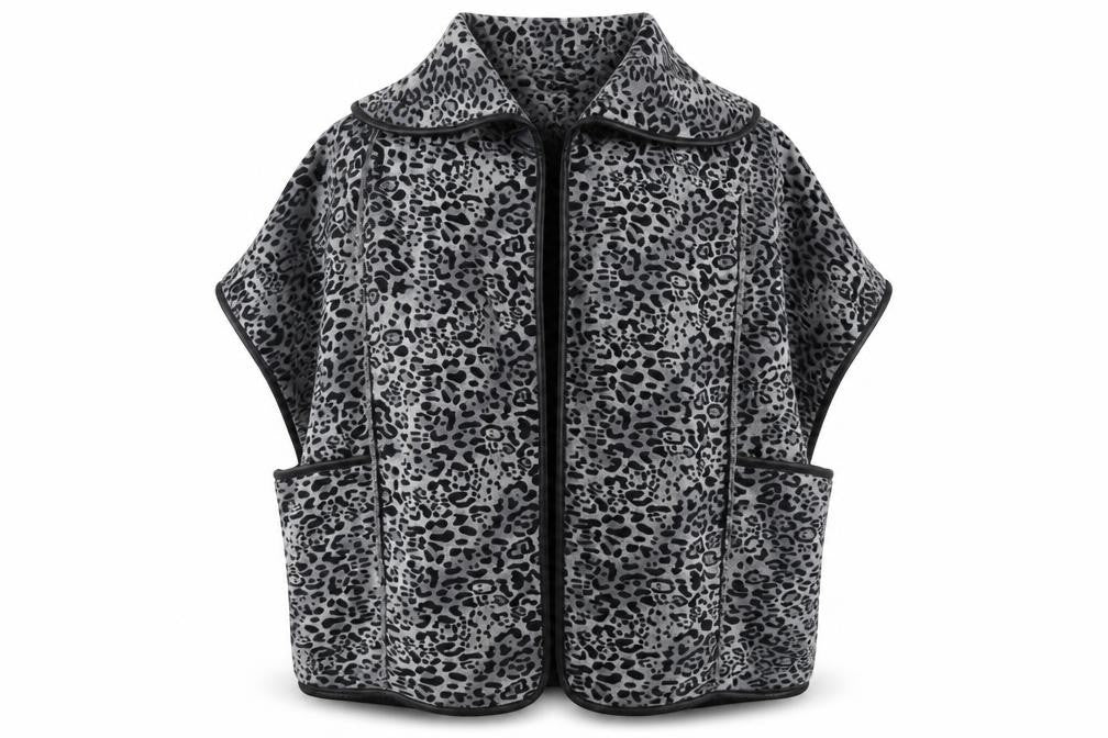 Front view of Maya women’s grey animal print coatigan one size - sleeveless