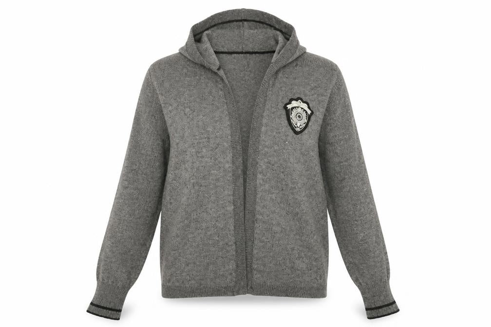 Front view of Promod women’s grey cardigan jumper, size S, - badge