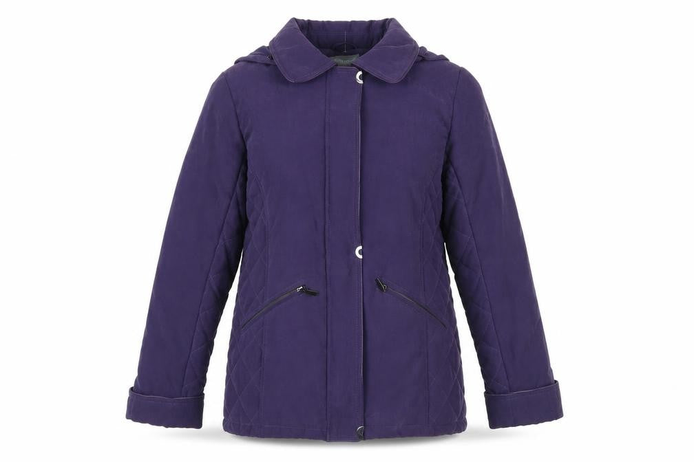 Front view of First Avenue women’s purple quilted coat, size UK 12