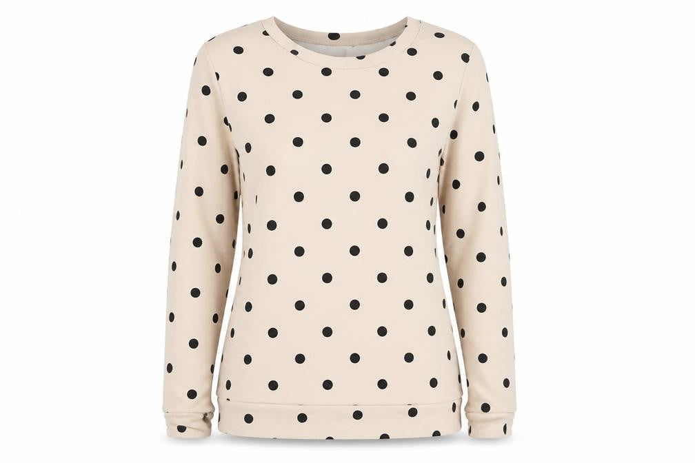 Front view of Moss Copenhagen women’s beige polka dot jumper, size S