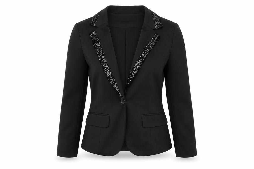 Front view of MAX AND RILEY women’s black jacket blazer, size S