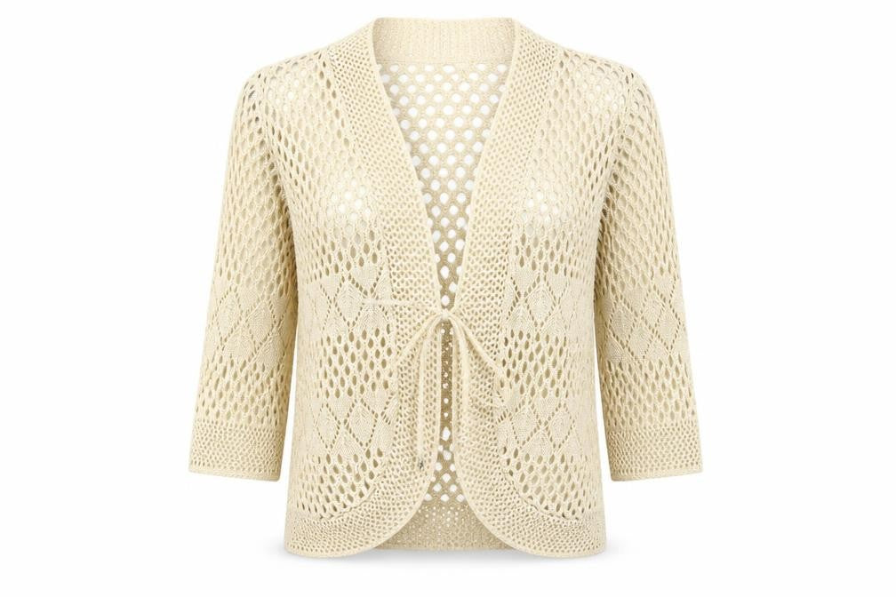 Front view of KNITT women’s beige cardigan jumper, size M