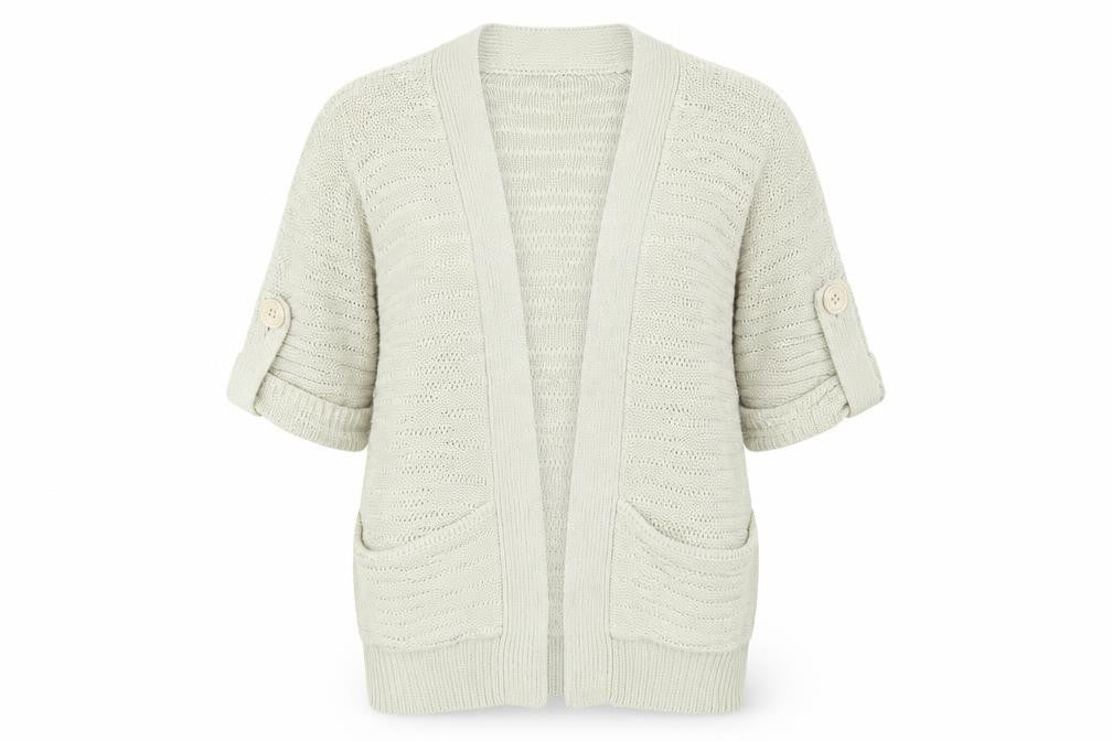 Front view of Preworn women’s beige cardigan jumper, size UK 12