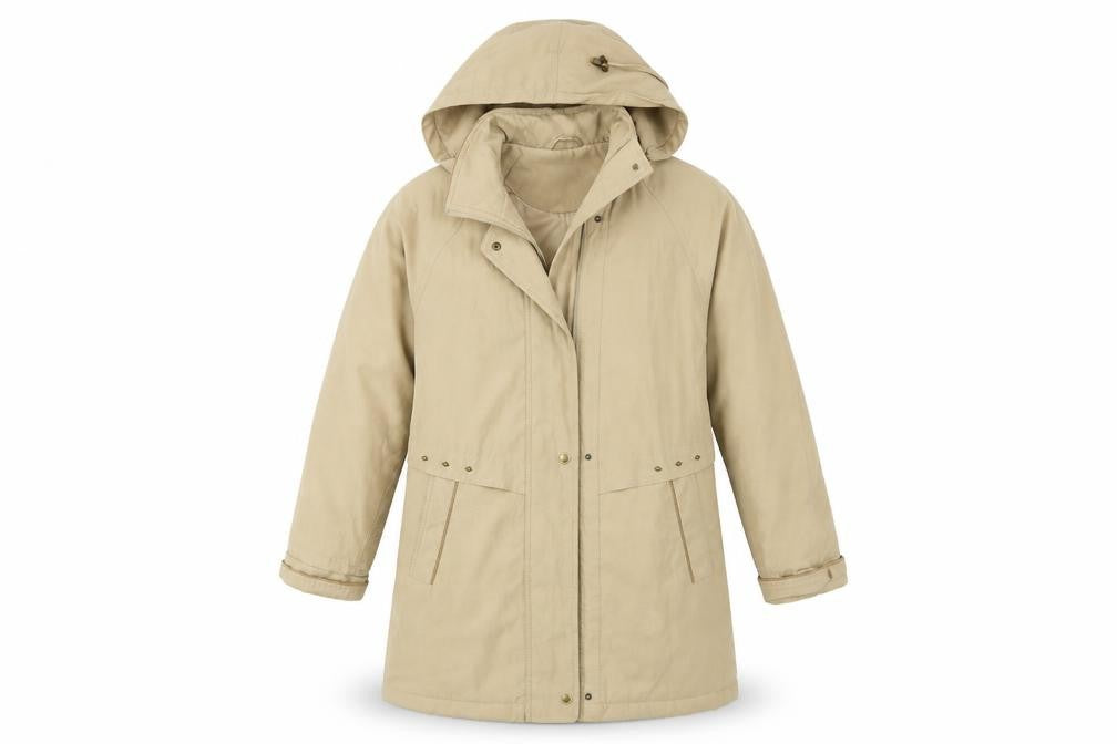 Front view of EWM women’s brown overcoat coat, size UK 12