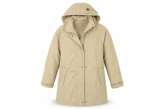 Front view of EWM women’s brown overcoat coat, size UK 12