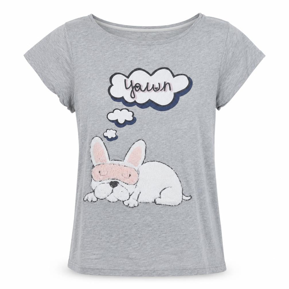Front view of Preworn women’s grey top pyjama top, size S, - yawn dog