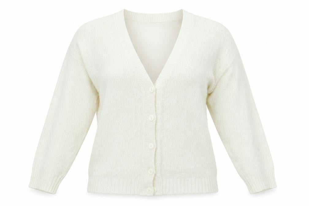 Front view of Preworn women’s ivory cardigan jumper, size L