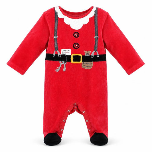 Front view of F&F boys’ red solid one piece, size 6-9, months - father christmas