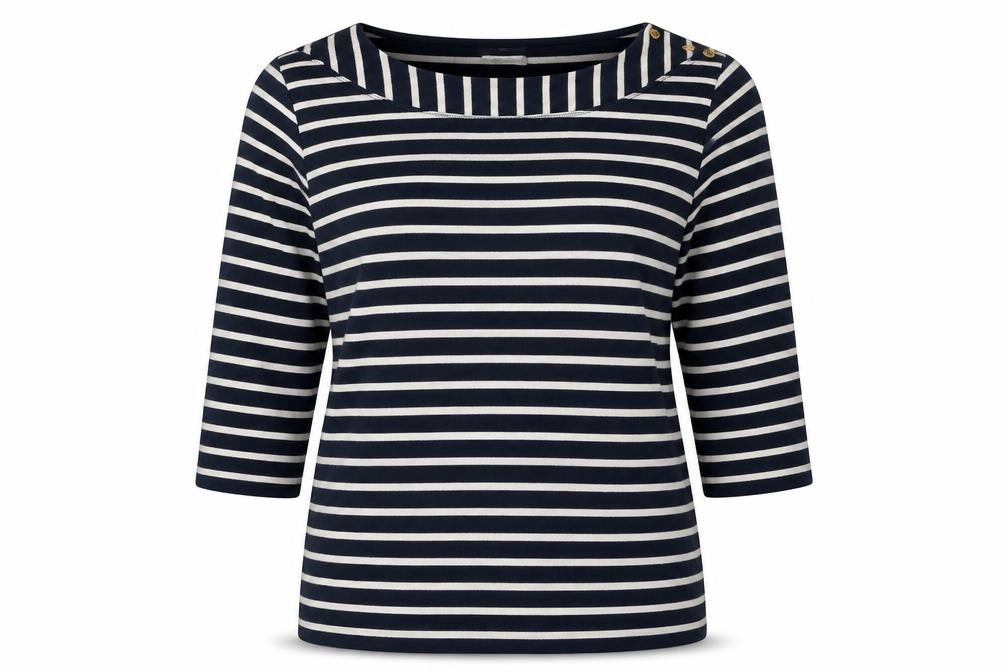 Front view of Classics women’s blue striped jumper, size UK 16