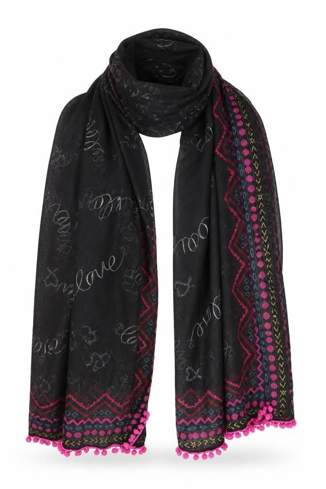 Front view of Preworn women’s black geometric shawl/wrap