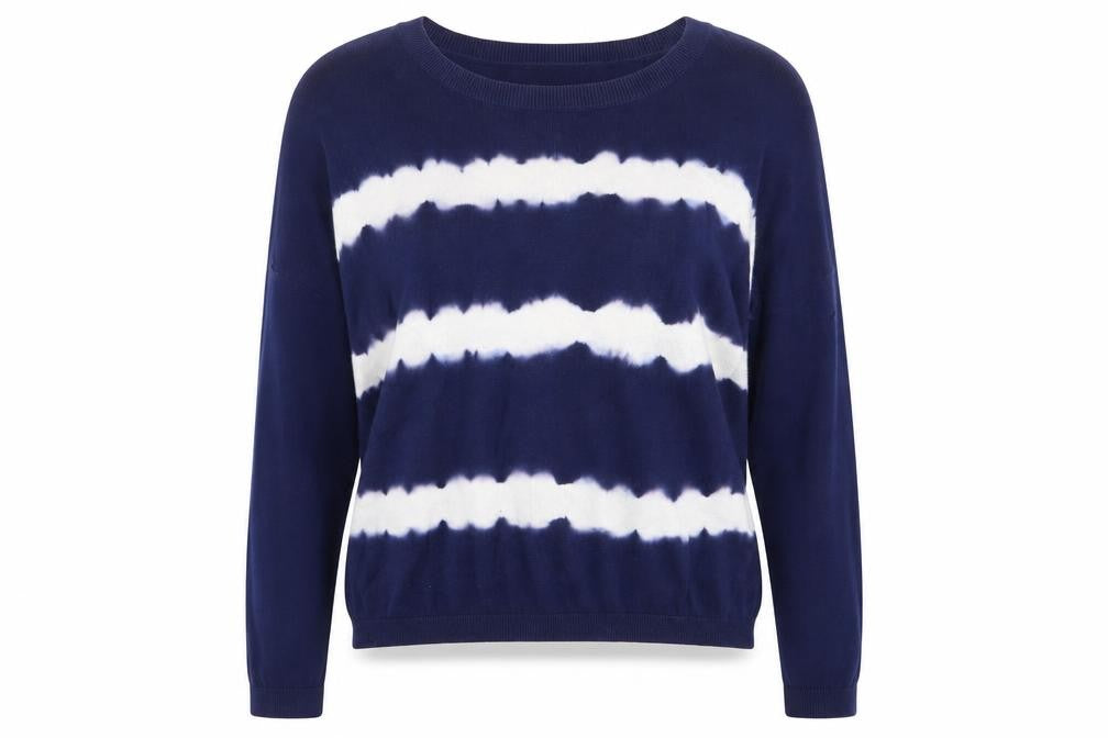 Front view of New Look women’s blue striped jumper, size UK 6