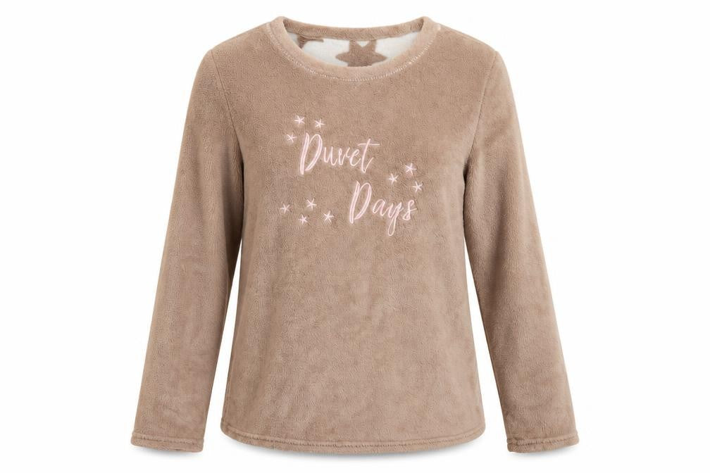 Front view of Primark women’s beige top pyjama top, size UK 8, - duvet days