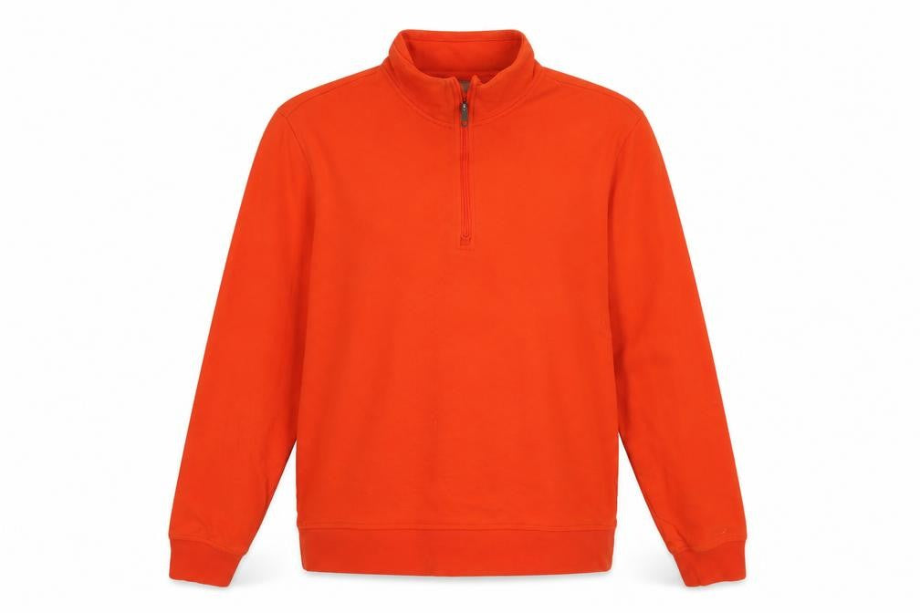 Front view of Amazon Essentials women’s orange pullover sweatshirt, size S