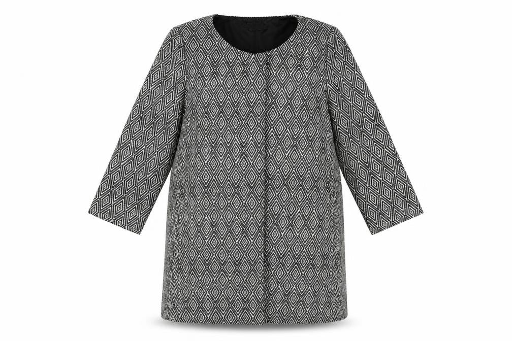 Front view of H&M women’s black geometric overcoat coat, size UK 10