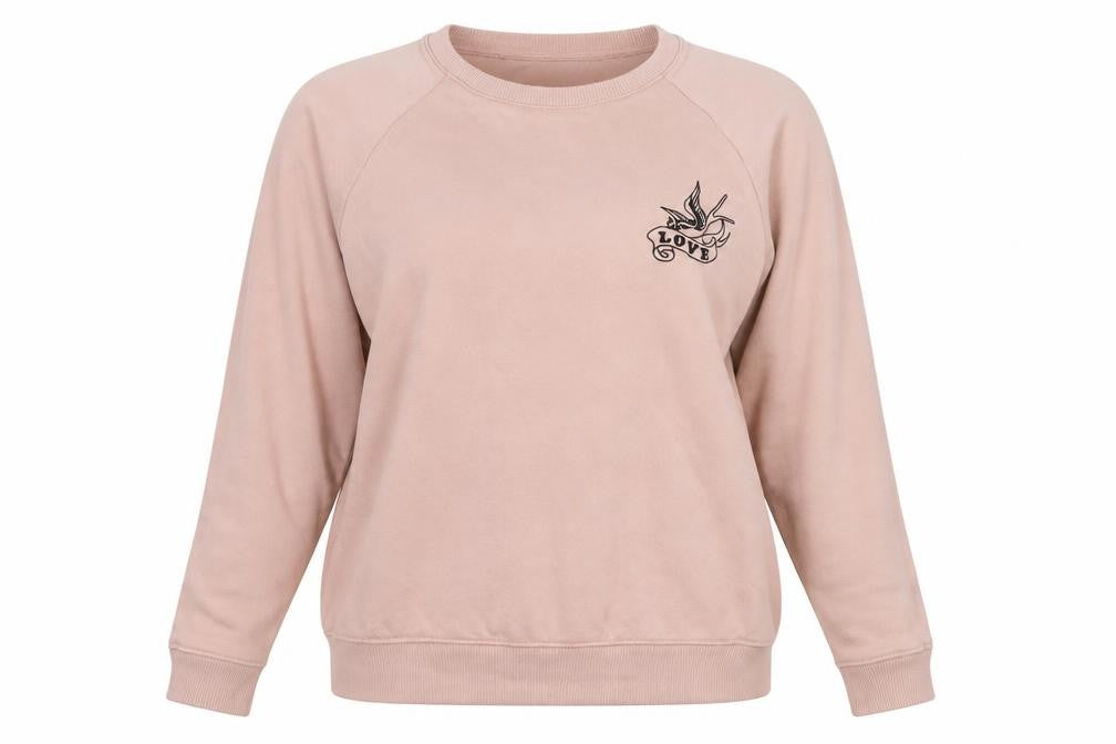 Front view of New Look women’s pink pullover sweatshirt, size UK 14, - love