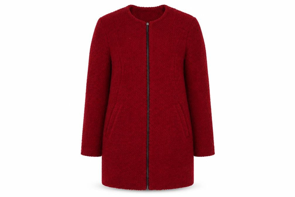 Front view of Primark women’s red overcoat coat, size UK 12