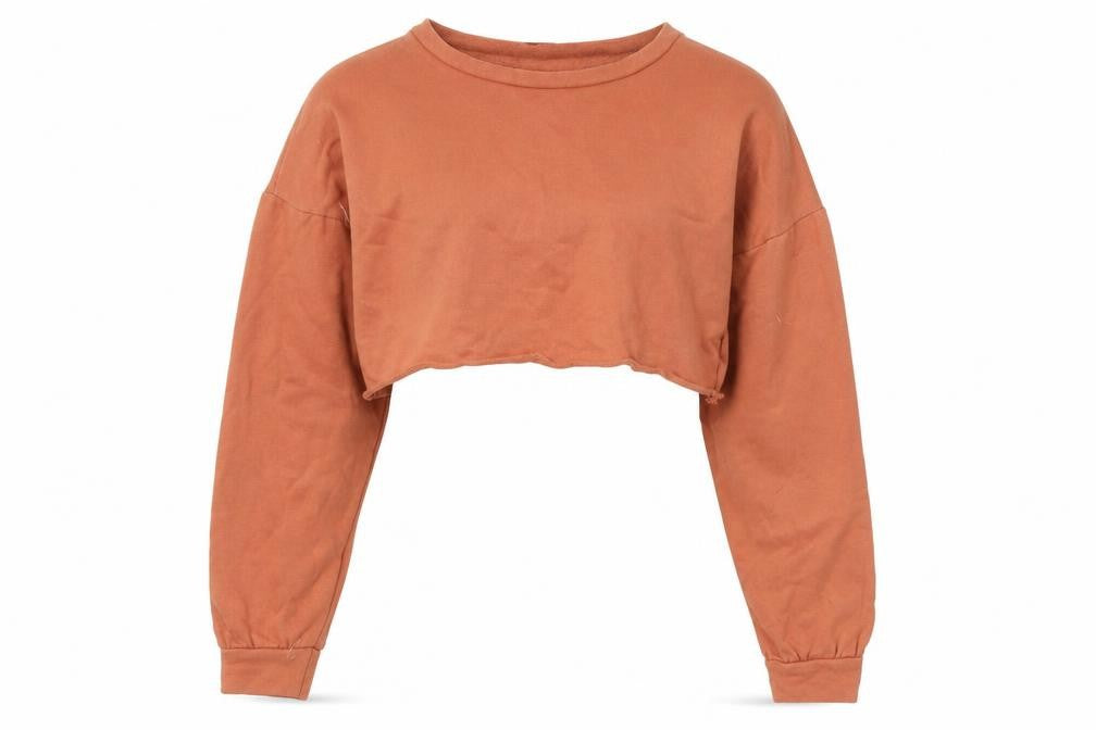 Front view of PRETTYLITTLETHING women’s orange pullover sweatshirt, size UK 10, - cropped