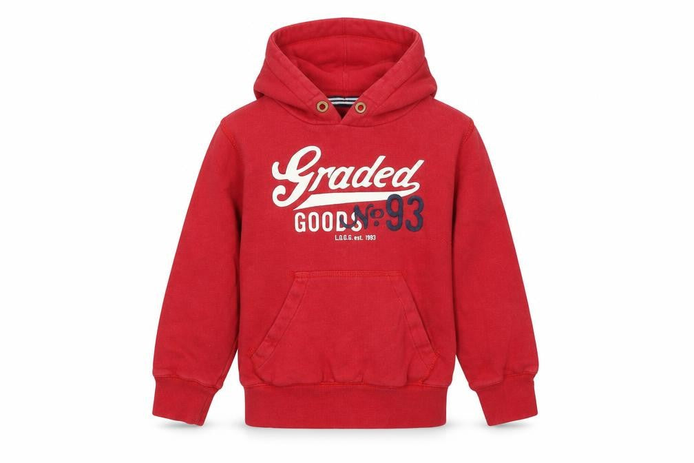 Front view of LOGG boys’ red pullover hoodie, size 5-6, years