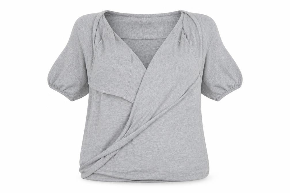 Front view of et vous women’s grey wrap jumper, size UK 14