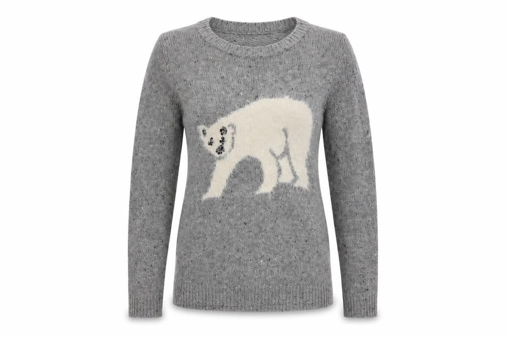 Front view of Next women’s grey henley jumper, size UK 8, - polar bear
