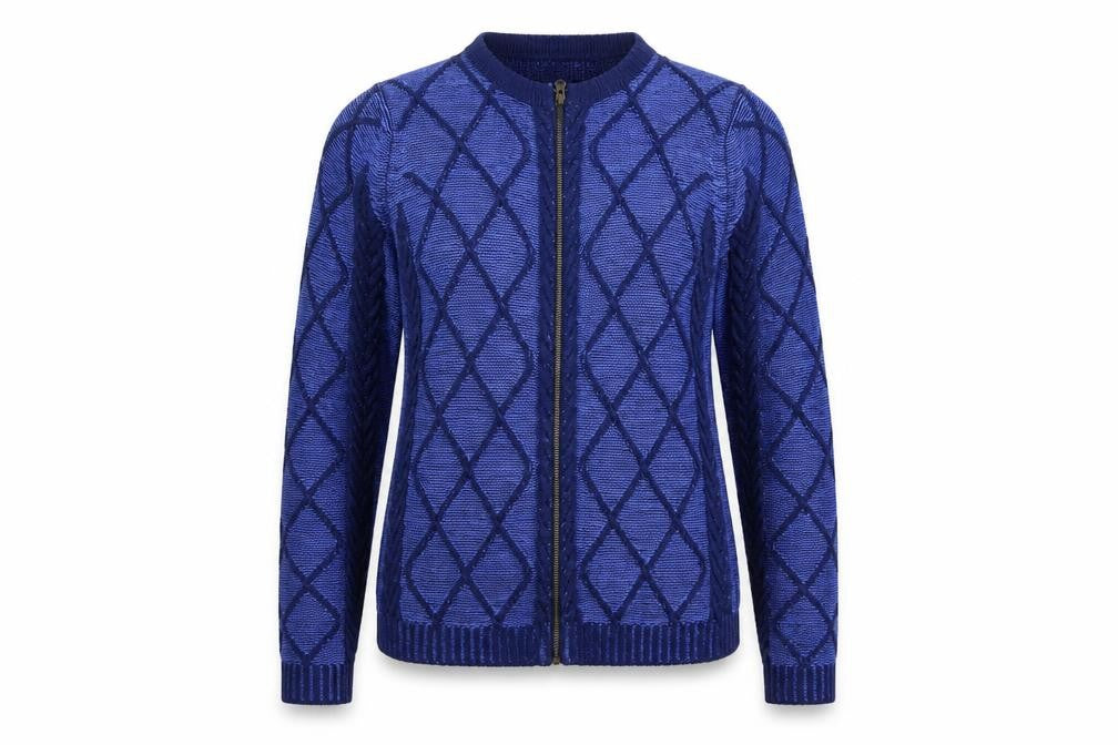 Front view of Lilyette women’s blue argyle/diamond full zip jumper, size M