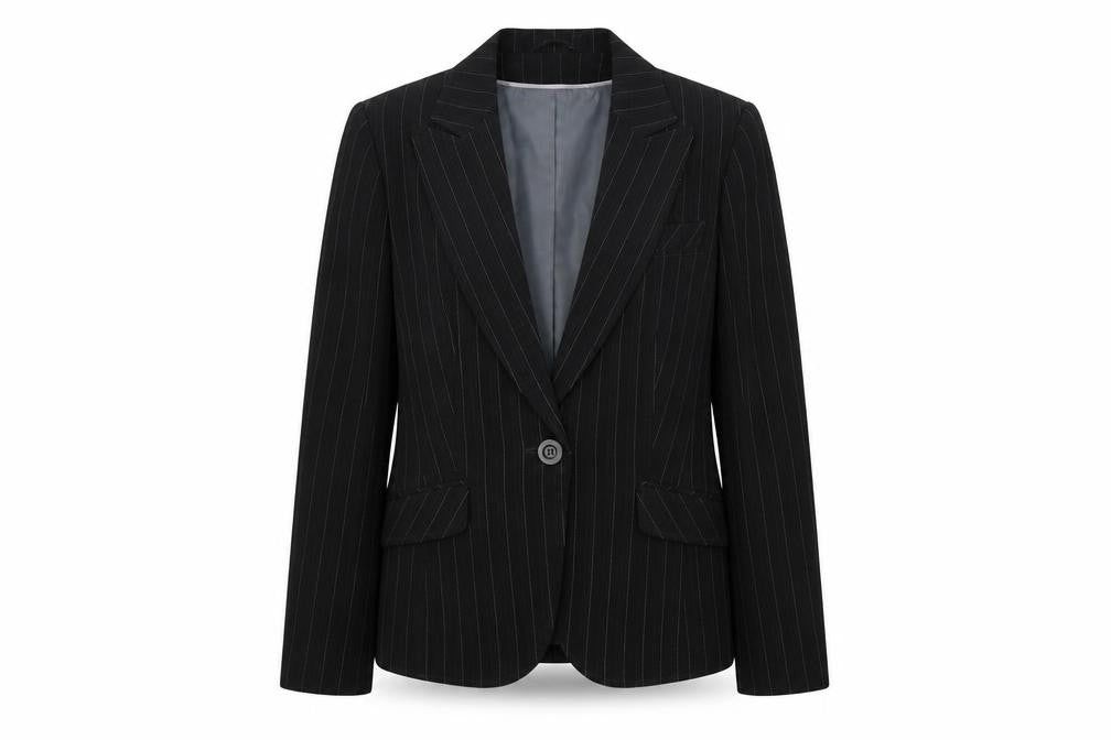 Front view of Dorothy Perkins women’s black striped jacket blazer, size UK 10