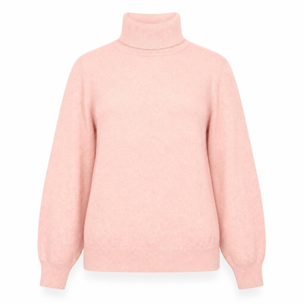 Front view of Country Casuals women’s pink polka dot knit jumper, size S, - textured polka dot
