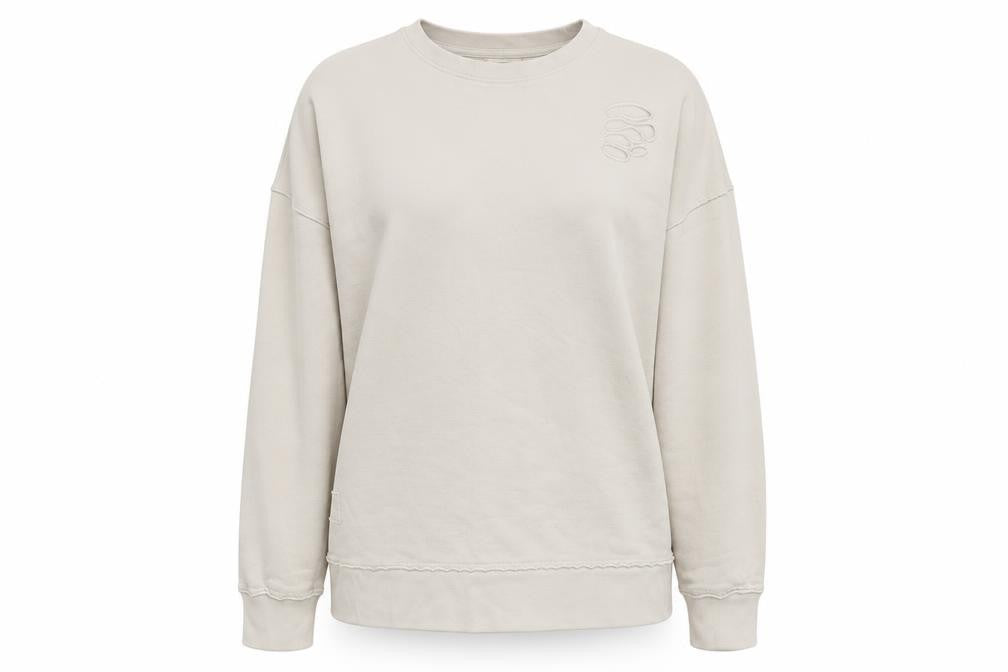 Front view of River Island women’s beige pullover sweatshirt, size M, - distressed
