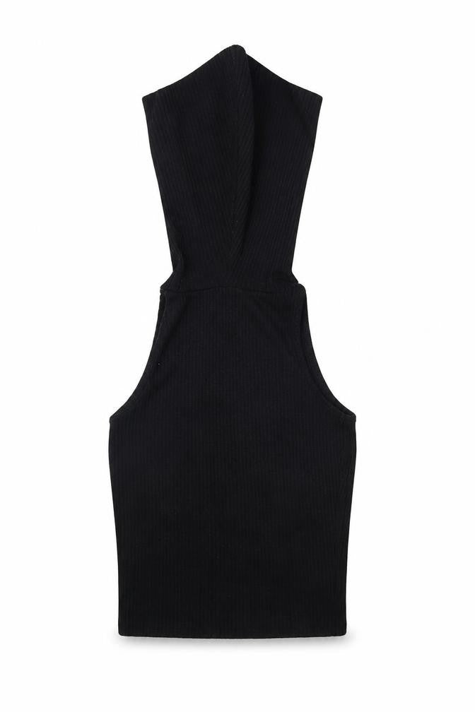 Front view of River Island women’s black jersey tank, size UK 6