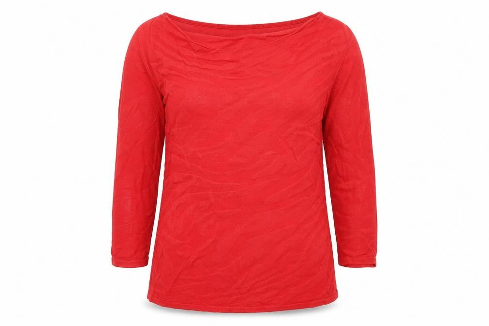 Front view of Per Una women’s red animal print knit jumper, size UK 10